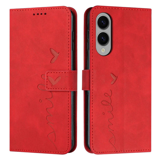 For Samsung Galaxy S25 Edge 5G Skin Feel Heart Embossed Leather Phone Case with Long Lanyard(Red)