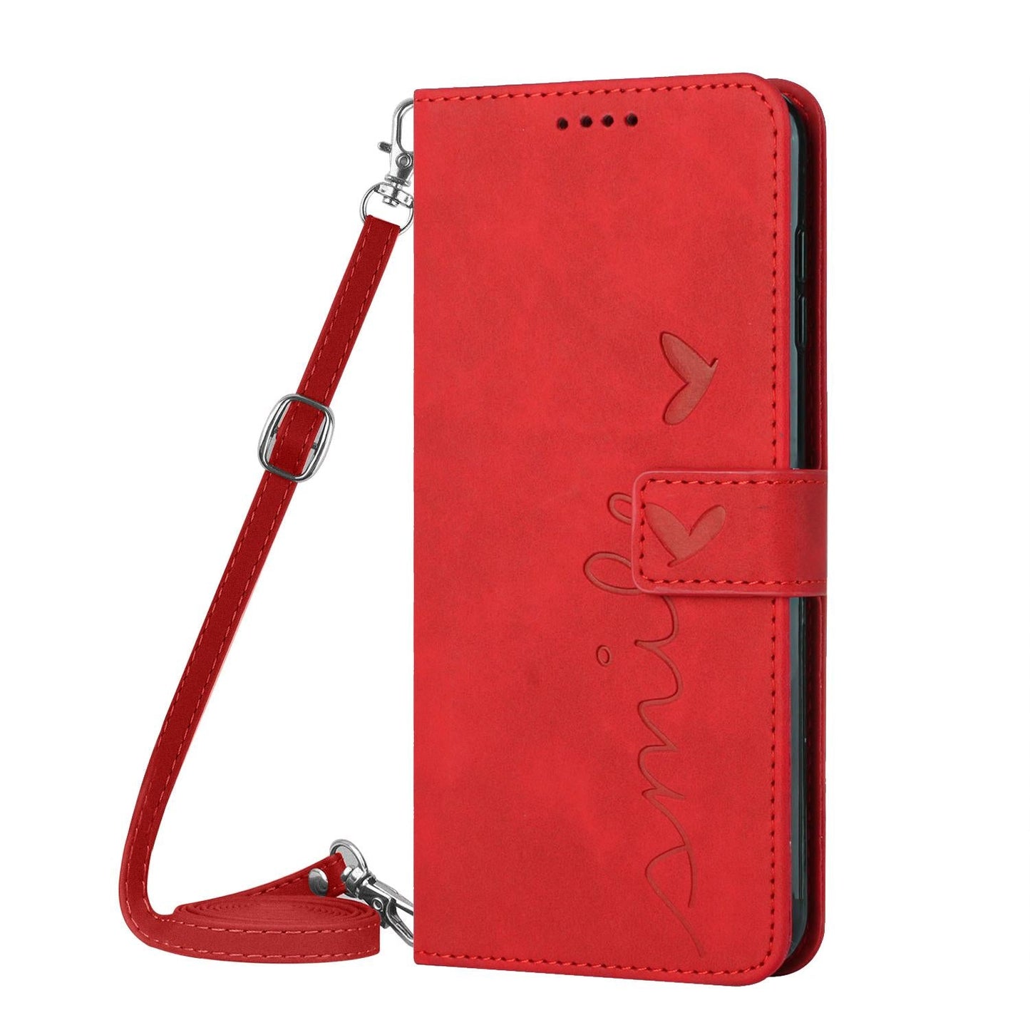 For Samsung Galaxy S25 Edge 5G Skin Feel Heart Embossed Leather Phone Case with Long Lanyard(Red)