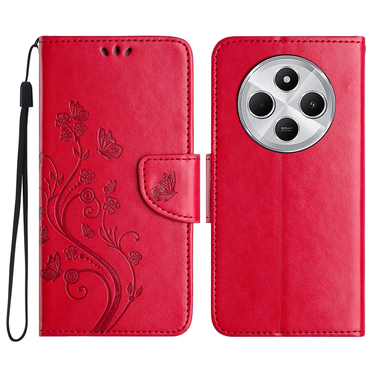 For Redmi 14C Butterfly Flower Pattern Flip Leather Phone Case(Red)