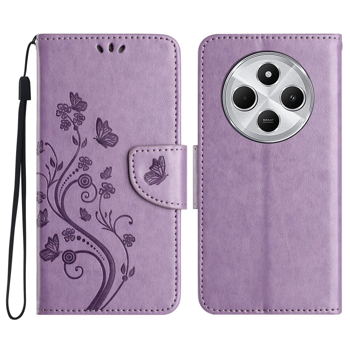 For Redmi 14C Butterfly Flower Pattern Flip Leather Phone Case(Light Purple)