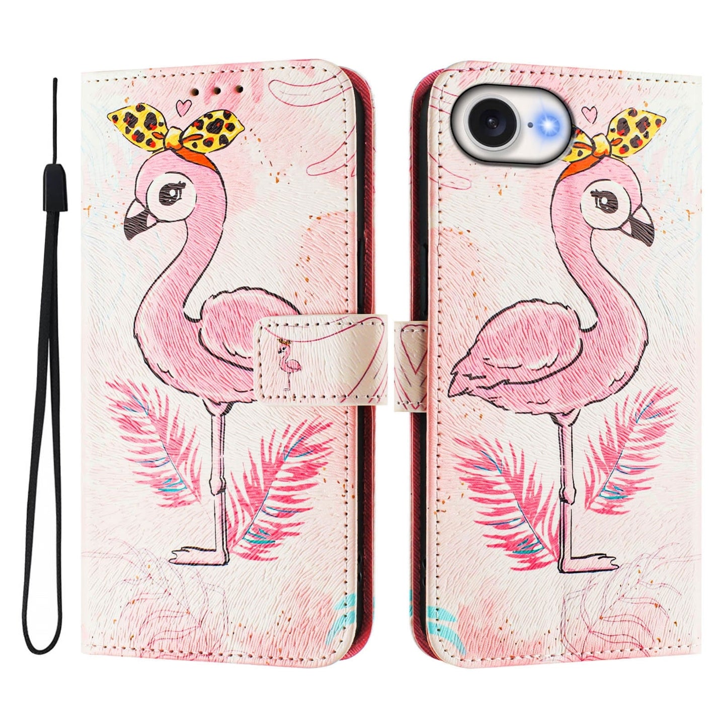 For iPhone 16e Art Colored Drawing Pattern Leather Phone Case(Flamingo)