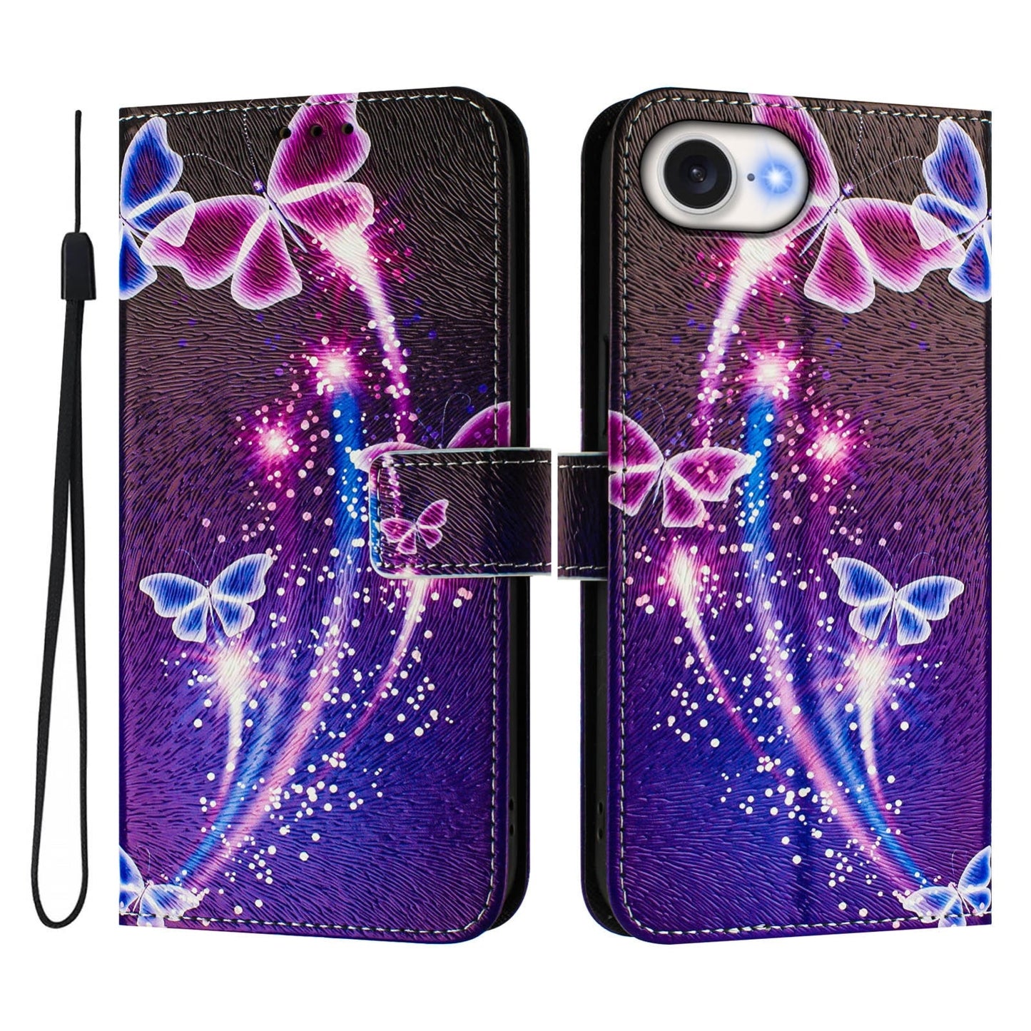 For iPhone 16e Art Colored Drawing Pattern Leather Phone Case(Fireworks butterfly)