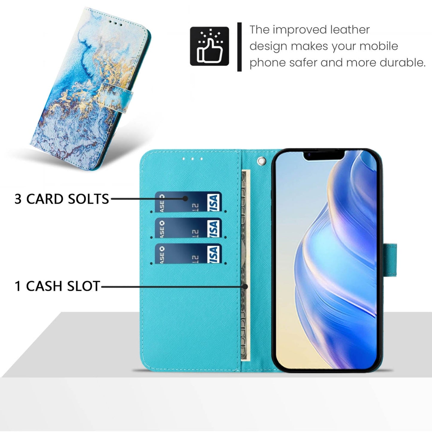 For iPhone 16e Art Colored Drawing Pattern Leather Phone Case(Ocean marble)