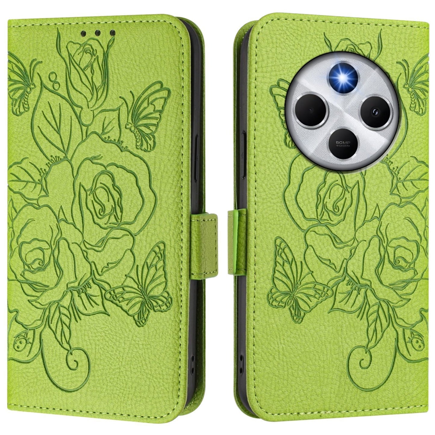 For Redmi 14C 4G Embossed Rose RFID Anti-theft Leather Phone Case(Green)