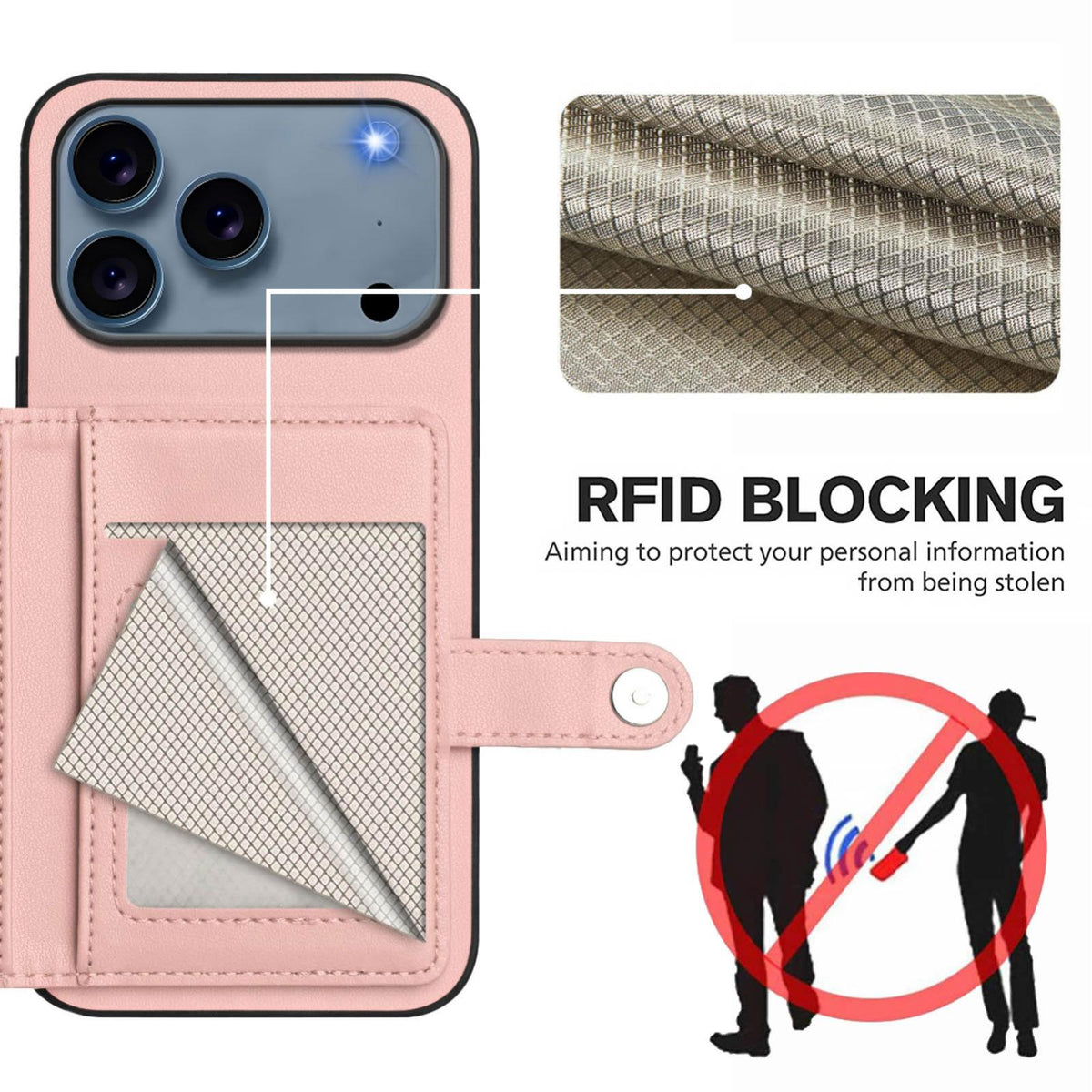 Compatible with iPhone 18 Pro Max & 17 Pro Max Button Card Bag RFID Anti-theft Phone Case - Pink