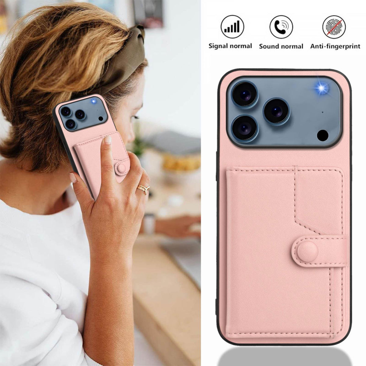 Compatible with iPhone 18 Pro Max & 17 Pro Max Button Card Bag RFID Anti-theft Phone Case - Pink