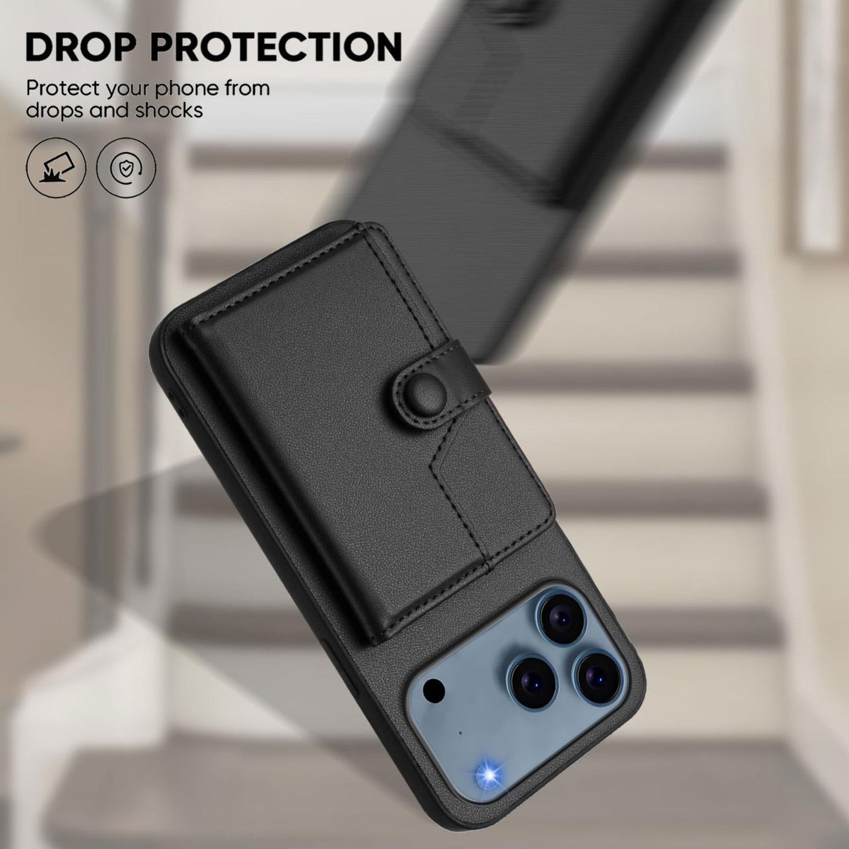 Compatible with iPhone 18 Pro Max & 17 Pro Max Button Card Bag RFID Anti-theft Phone Case - Black