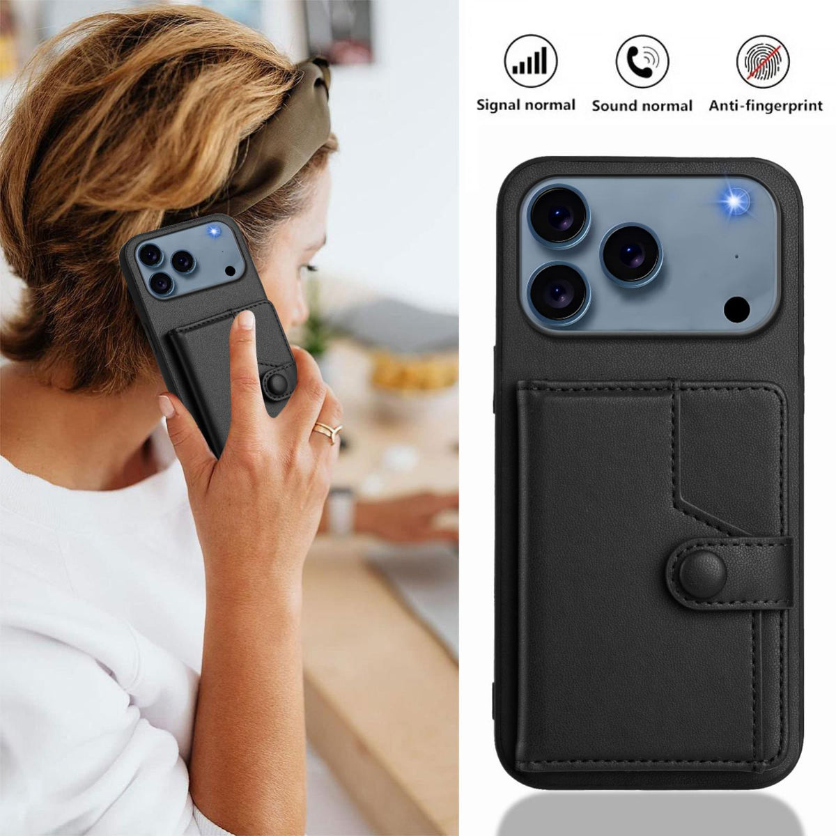 Compatible with iPhone 18 Pro Max & 17 Pro Max Button Card Bag RFID Anti-theft Phone Case - Black