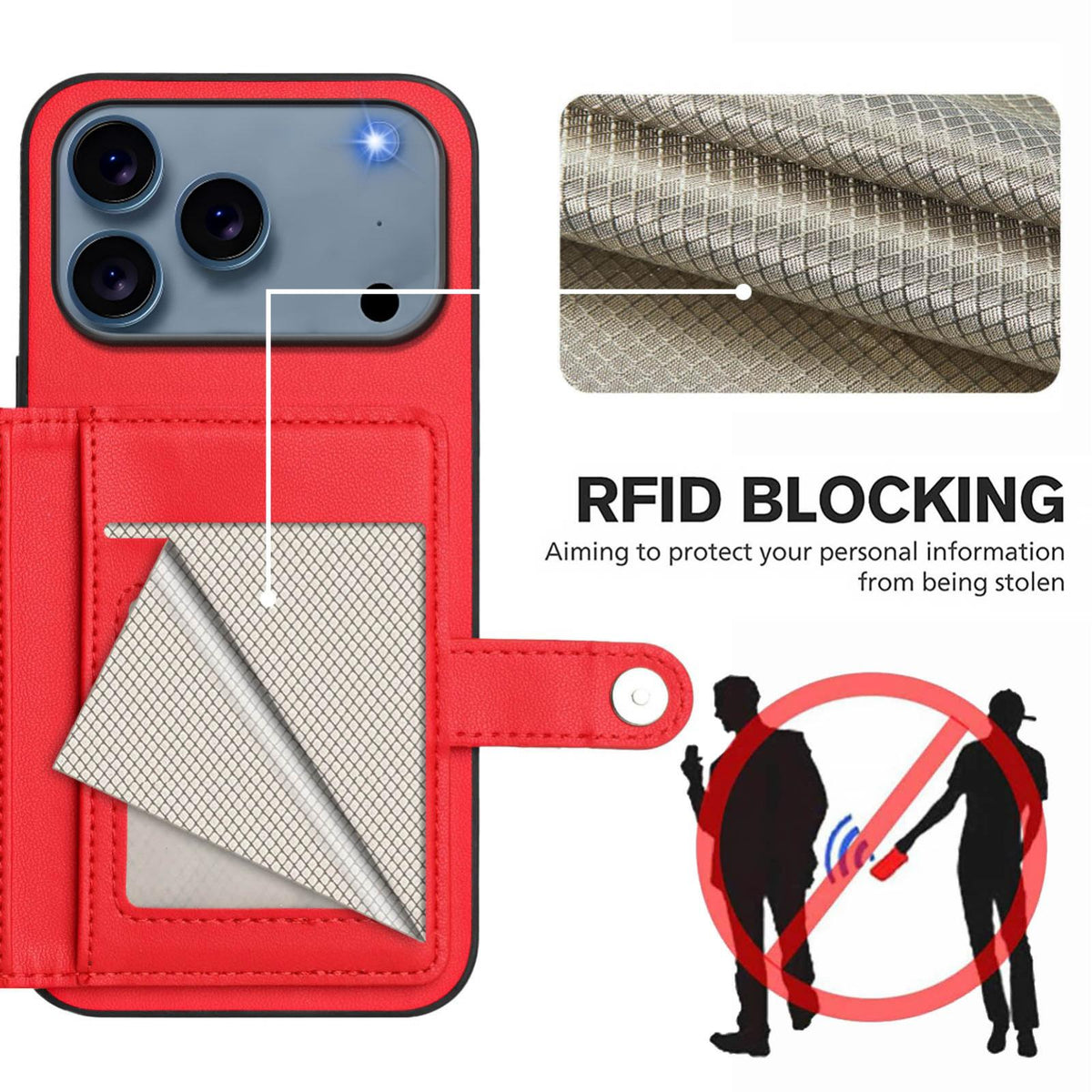 Compatible with iPhone 18 Pro Max & 17 Pro Max Button Card Bag RFID Anti-theft Phone Case - Red