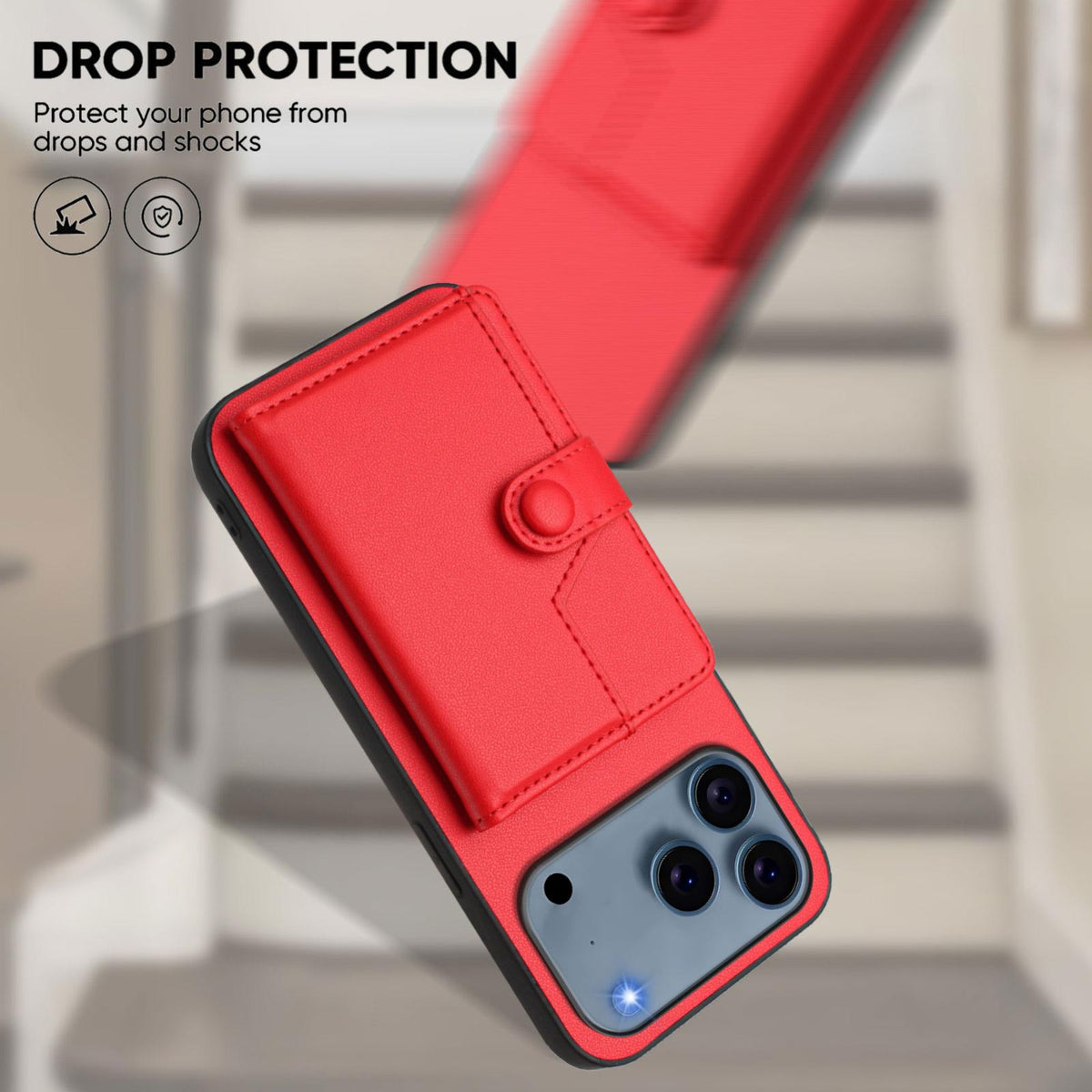 Compatible with iPhone 18 Pro Max & 17 Pro Max Button Card Bag RFID Anti-theft Phone Case - Red