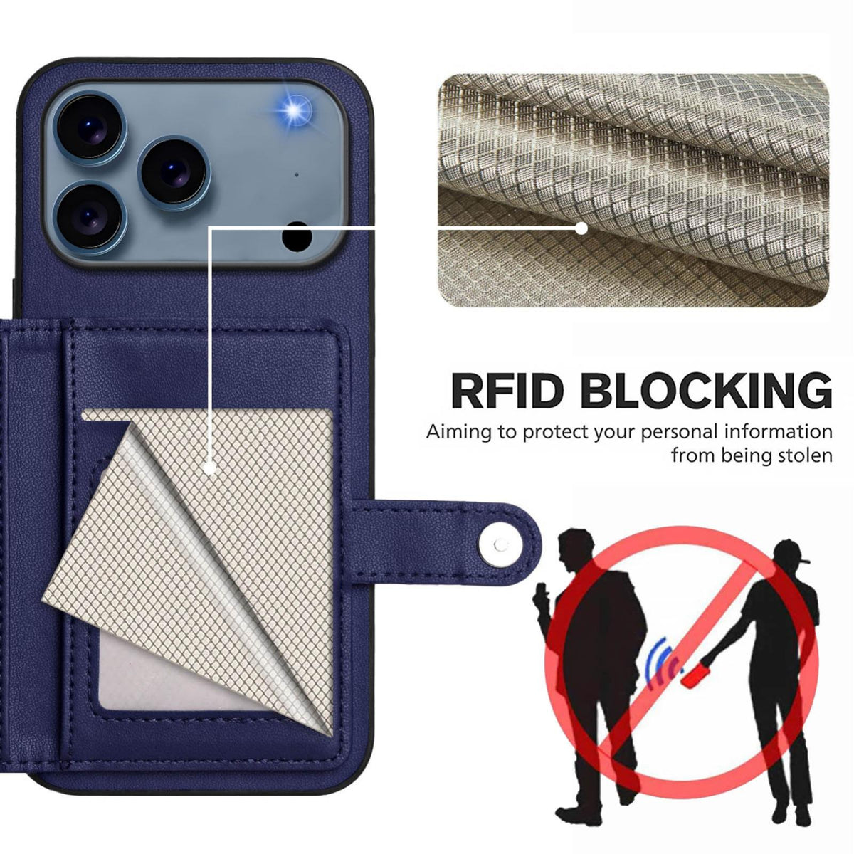 Compatible with iPhone 18 Pro Max & 17 Pro Max Button Card Bag RFID Anti-theft Phone Case - Blue