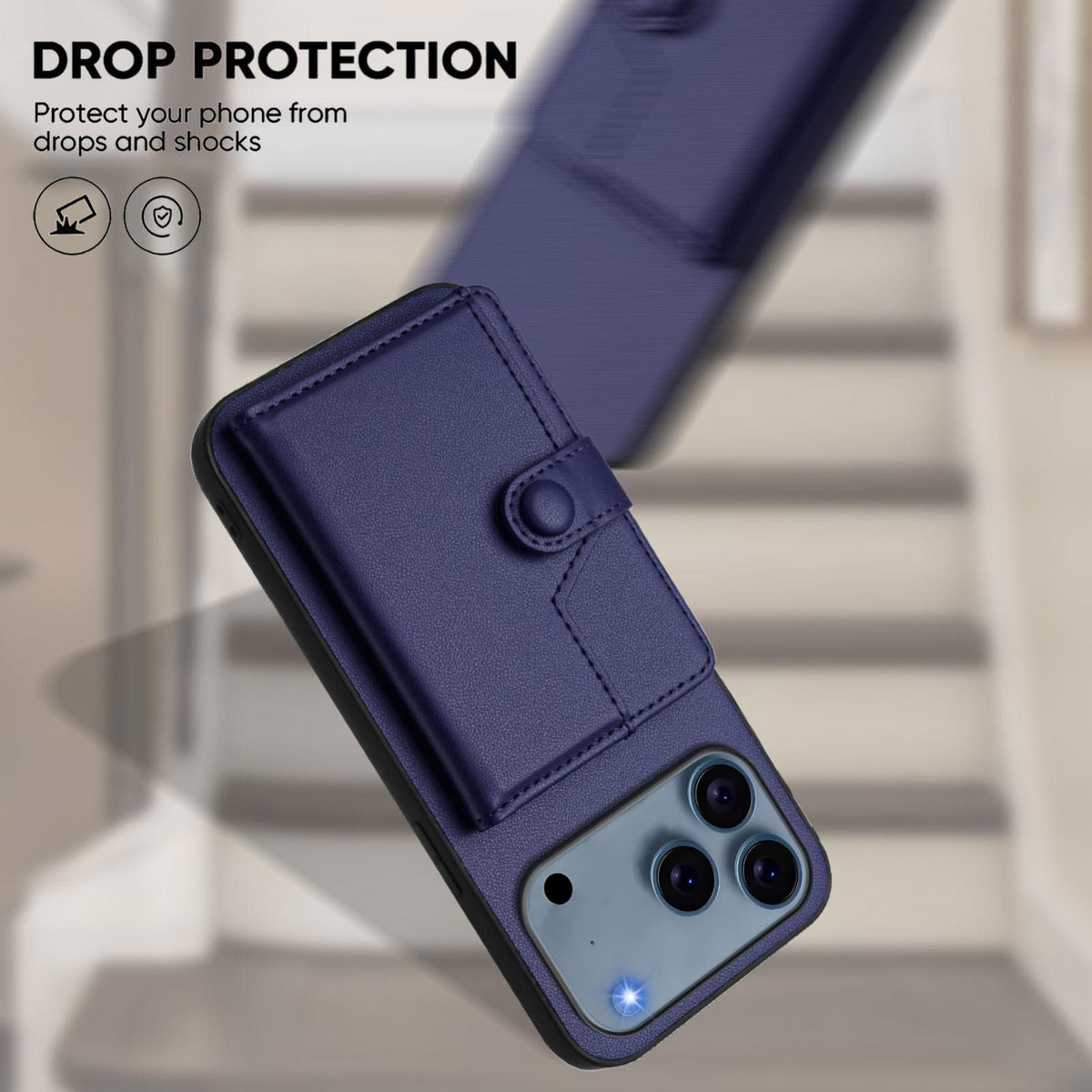 Compatible with iPhone 18 Pro Max & 17 Pro Max Button Card Bag RFID Anti-theft Phone Case - Blue