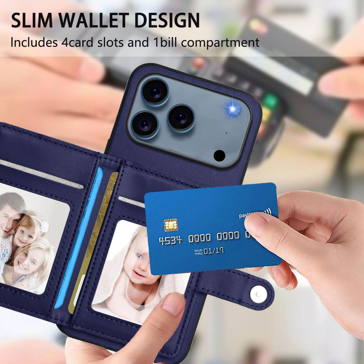 Compatible with iPhone 18 Pro Max & 17 Pro Max Button Card Bag RFID Anti-theft Phone Case - Blue