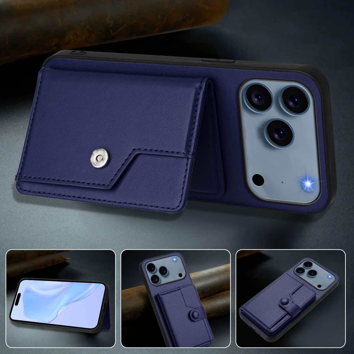 Compatible with iPhone 18 Pro Max & 17 Pro Max Button Card Bag RFID Anti-theft Phone Case - Blue