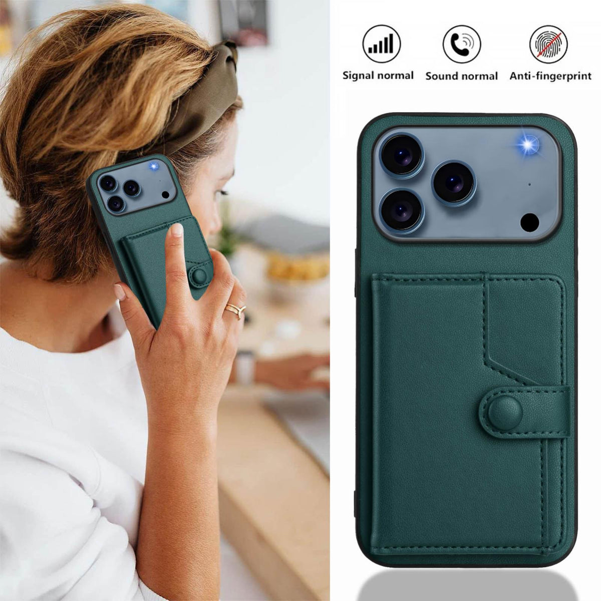 Compatible with iPhone 18 Pro Max & 17 Pro Max Button Card Bag RFID Anti-theft Phone Case - Green