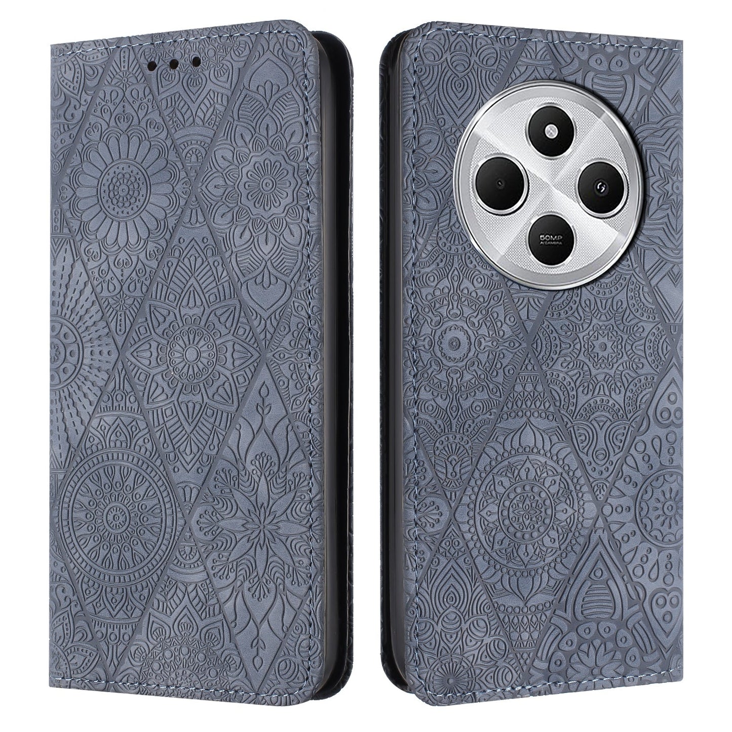For Redmi 14C 4G Ethnic Embossed Adsorption Leather Phone Case(Grey)