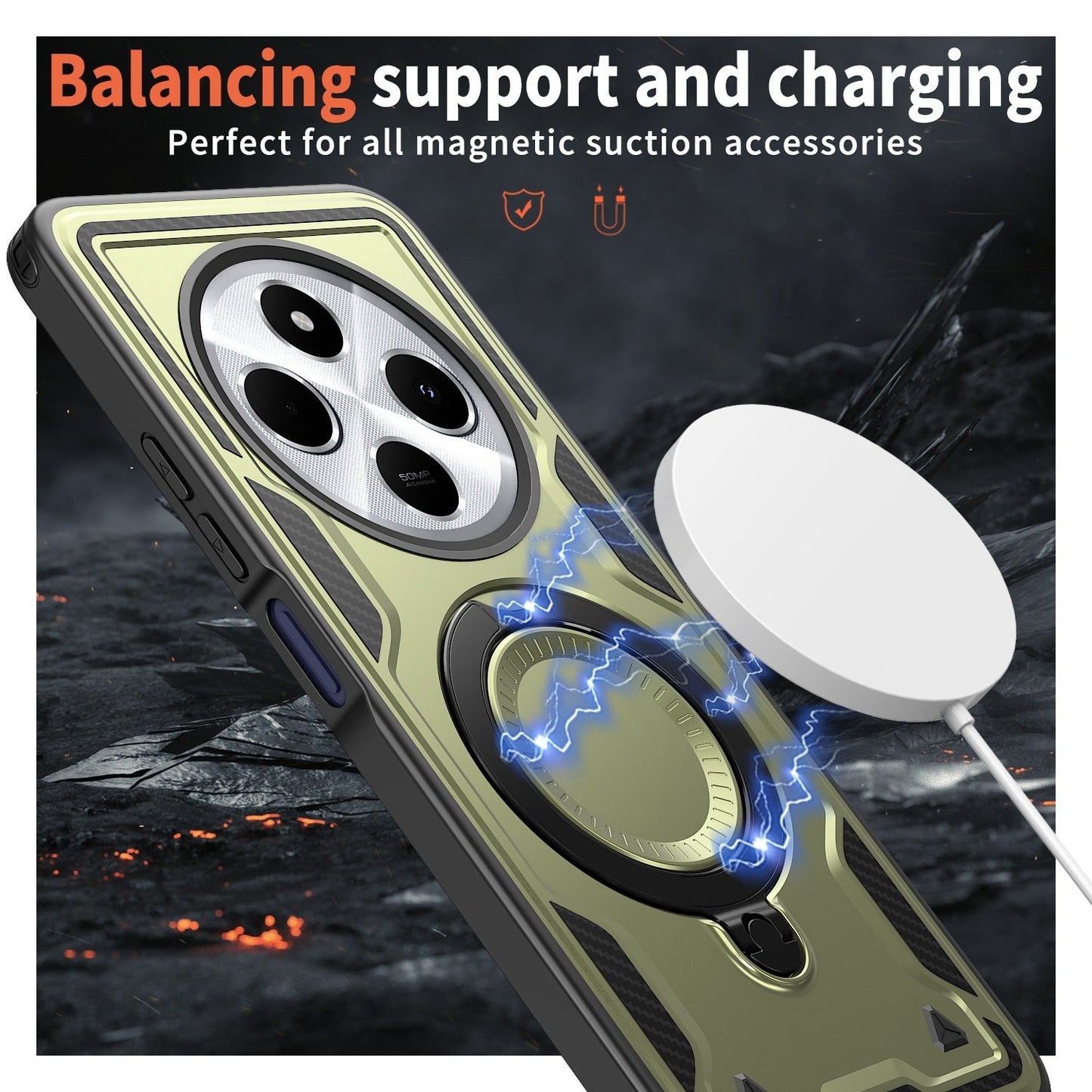 For Redmi 14C 5G PC Hybrid TPU Armor MagSafe Ring Holder Phone Case(Olive Green)