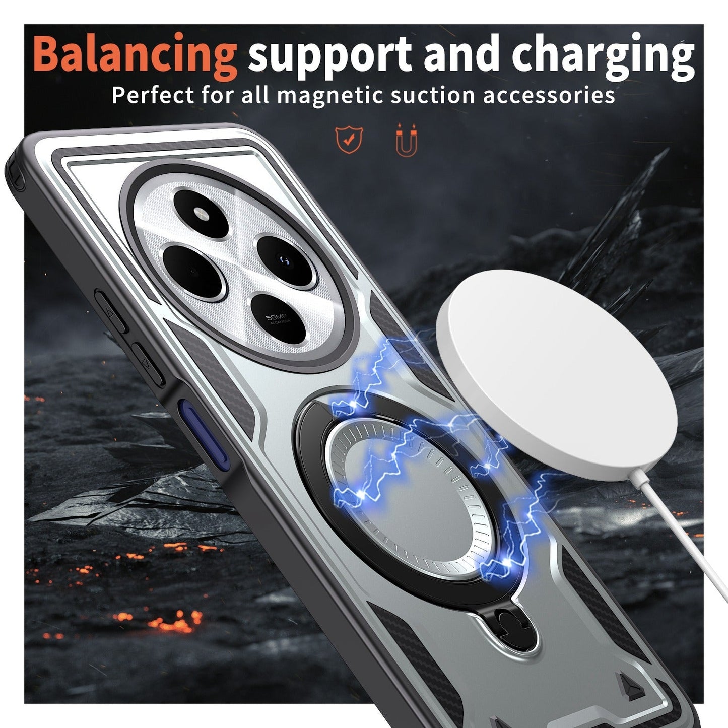 For Redmi 14C 5G PC Hybrid TPU Armor MagSafe Ring Holder Phone Case(Grey)