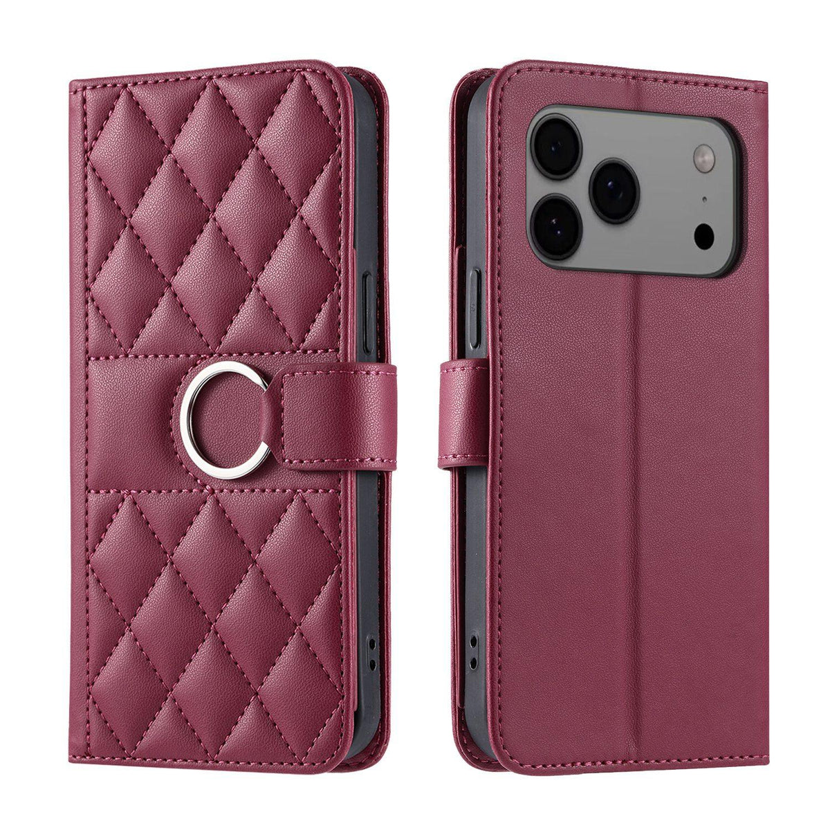 Compatible with iPhone 18 Pro Max Ring Buckle Rhombic Leather Phone Case - Red