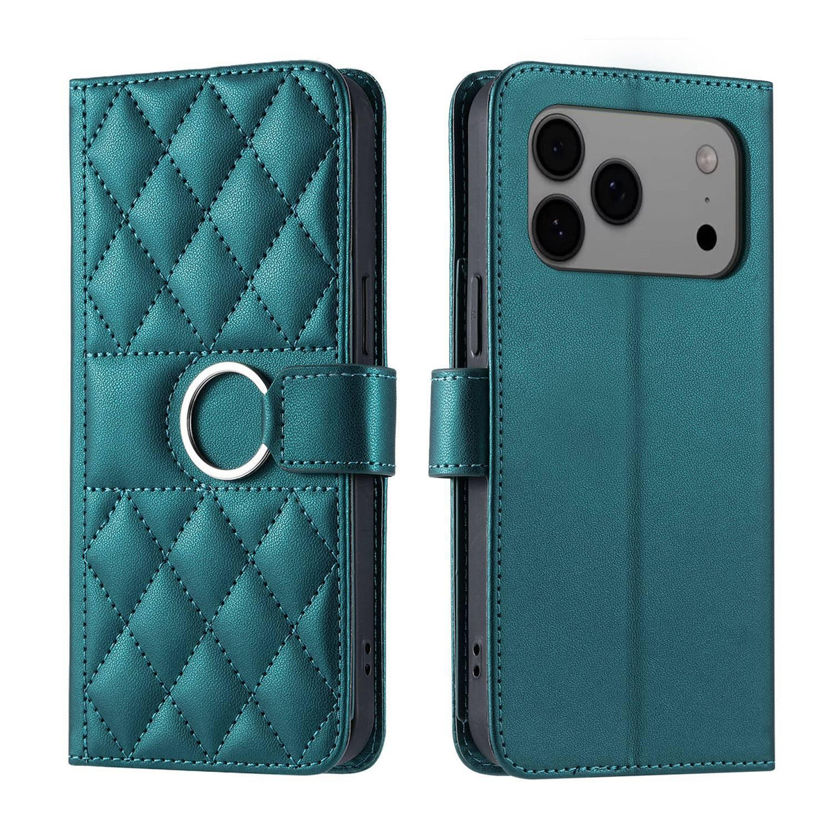 Compatible with iPhone 18 Pro Max Ring Buckle Rhombic Leather Phone Case - Green