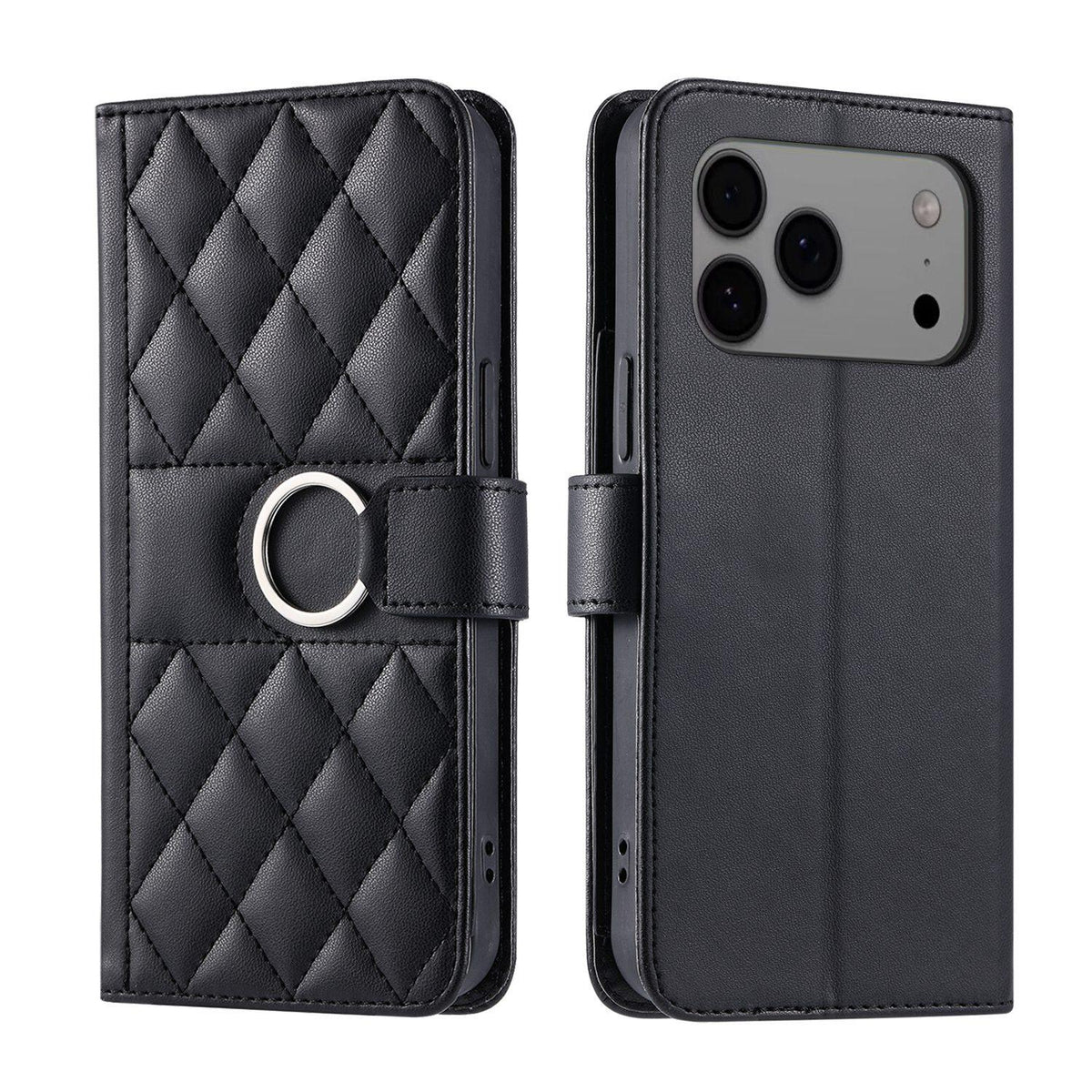 Compatible with iPhone 18 Pro Max Ring Buckle Rhombic Leather Phone Case - Black