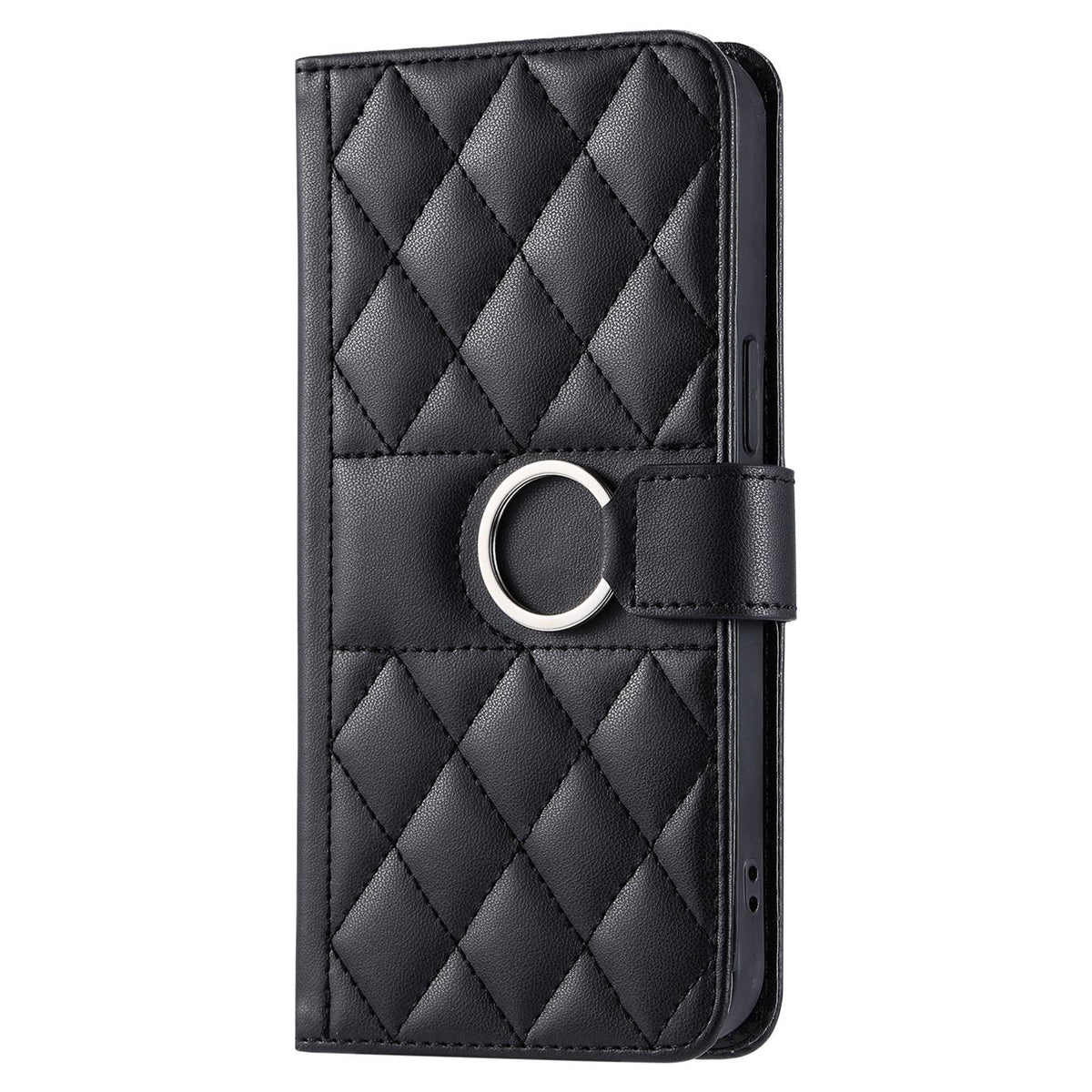 Compatible with iPhone 18 Pro Max Ring Buckle Rhombic Leather Phone Case - Black