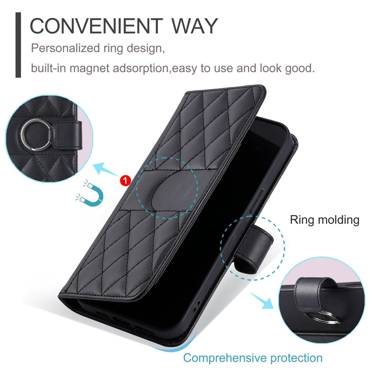 Compatible with iPhone 18 Pro Max Ring Buckle Rhombic Leather Phone Case - Black