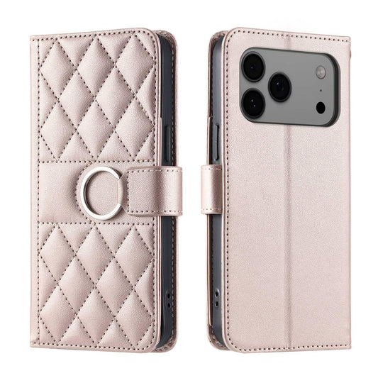 Compatible with iPhone 18 Pro Max Ring Buckle Rhombic Leather Phone Case - Rose Gold