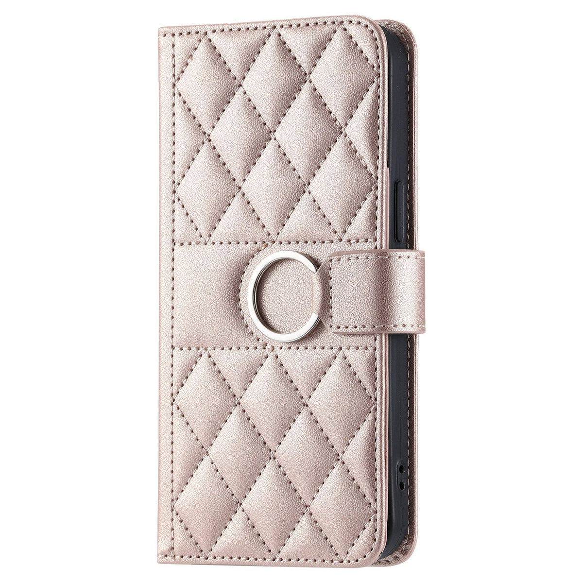Compatible with iPhone 18 Pro Max Ring Buckle Rhombic Leather Phone Case - Rose Gold