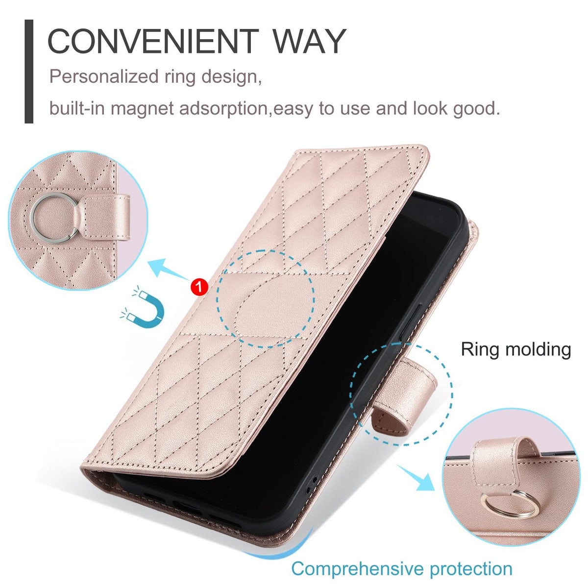 Compatible with iPhone 18 Pro Max Ring Buckle Rhombic Leather Phone Case - Rose Gold