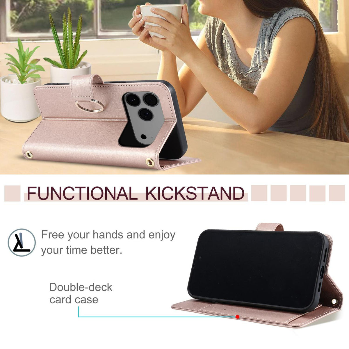 Compatible with iPhone 18 Pro Max Ring Buckle Rhombic Leather Phone Case - Rose Gold