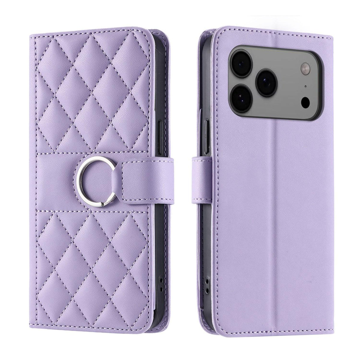 Compatible with iPhone 18 Pro Max Ring Buckle Rhombic Leather Phone Case - Purple