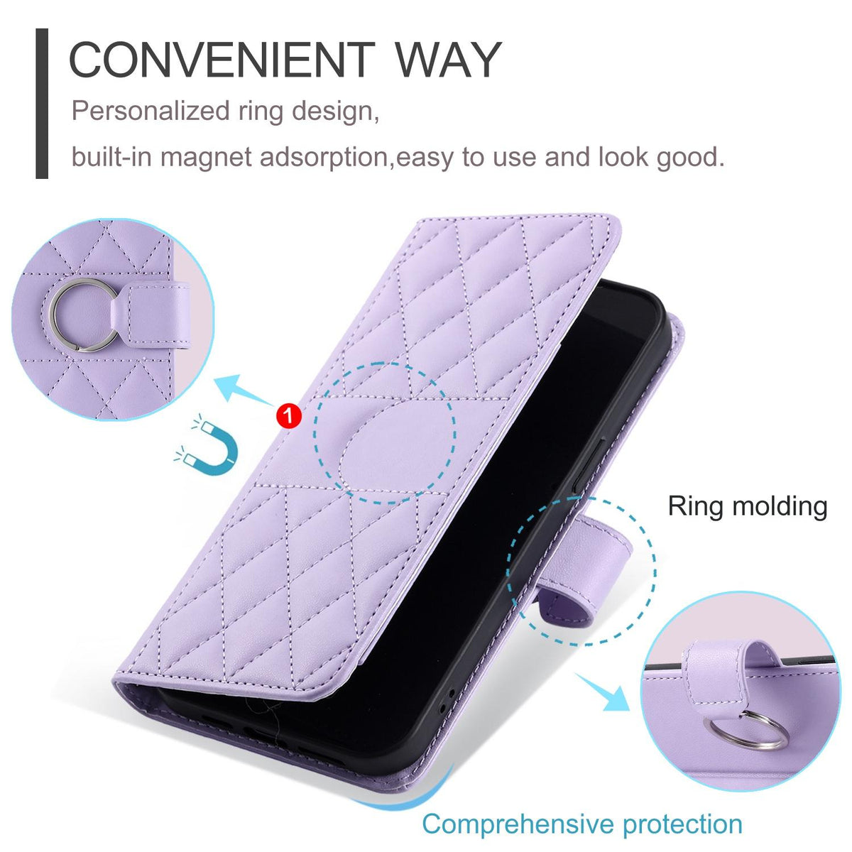 Compatible with iPhone 18 Pro Max Ring Buckle Rhombic Leather Phone Case - Purple