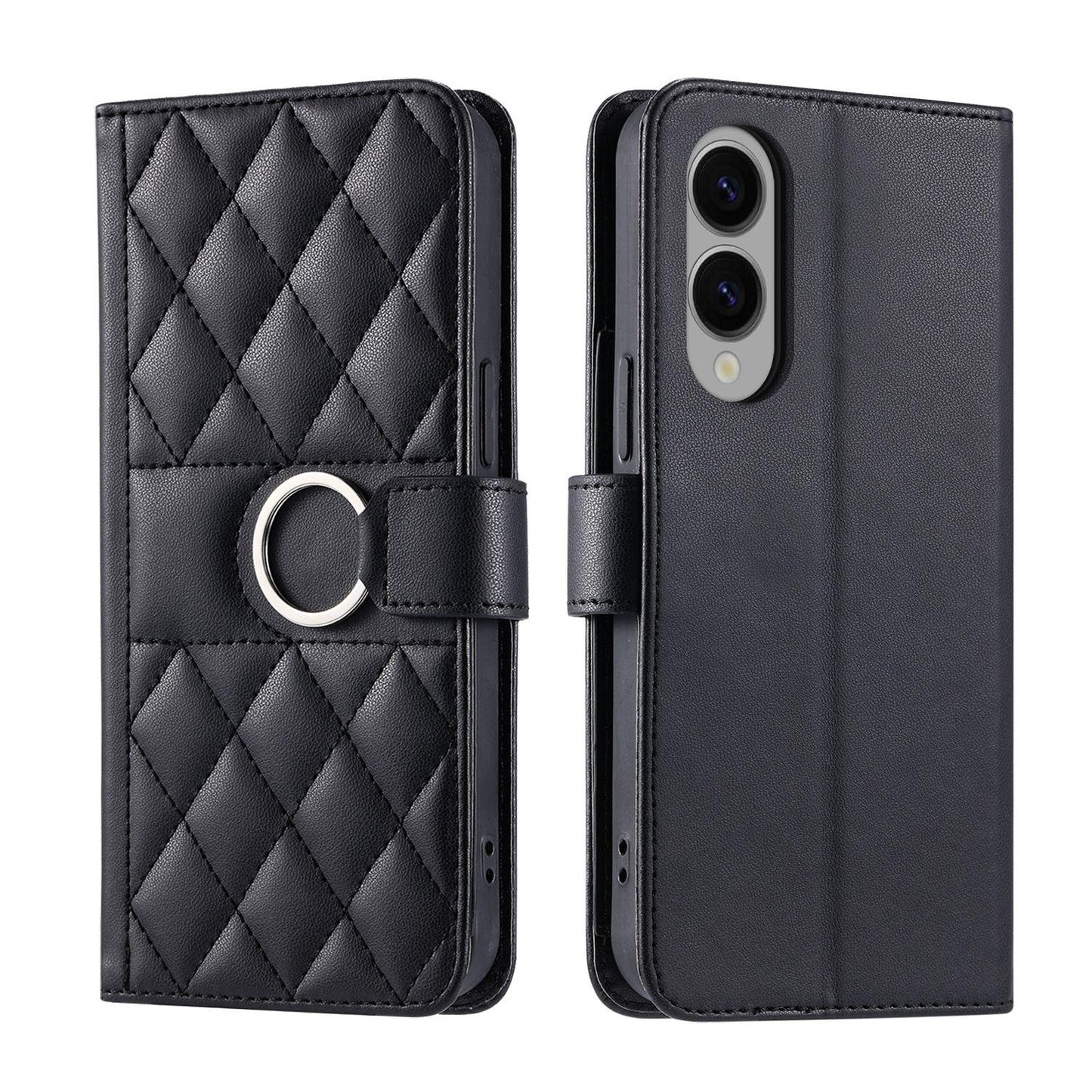 For Samsung Galaxy S25 Edge 5G Ring Buckle Rhombic Leather Phone Case(Black)