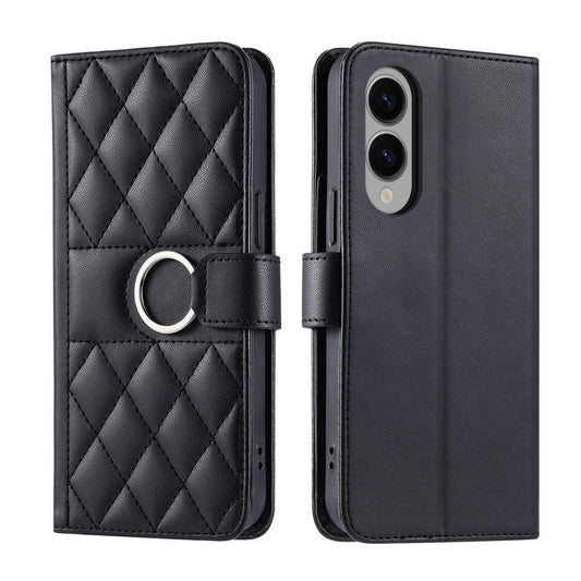 For Samsung Galaxy S25 Edge 5G Ring Buckle Rhombic Leather Phone Case(Black)
