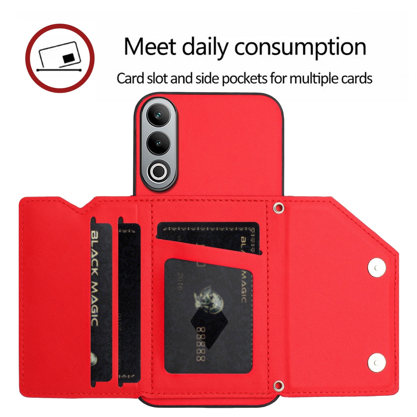 For OPPO K12 5G Skin Feel Four Card Slots Phone Case with Wrist Strap(Red)