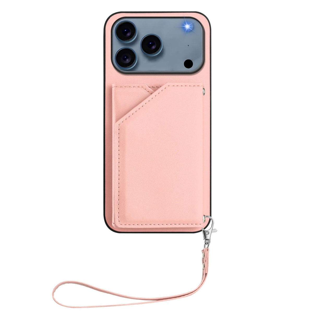 Compatible with iPhone 18 Pro Max & 17 Pro Max Skin Feel Four Card Slots Phone Case with Wrist Strap - Pink