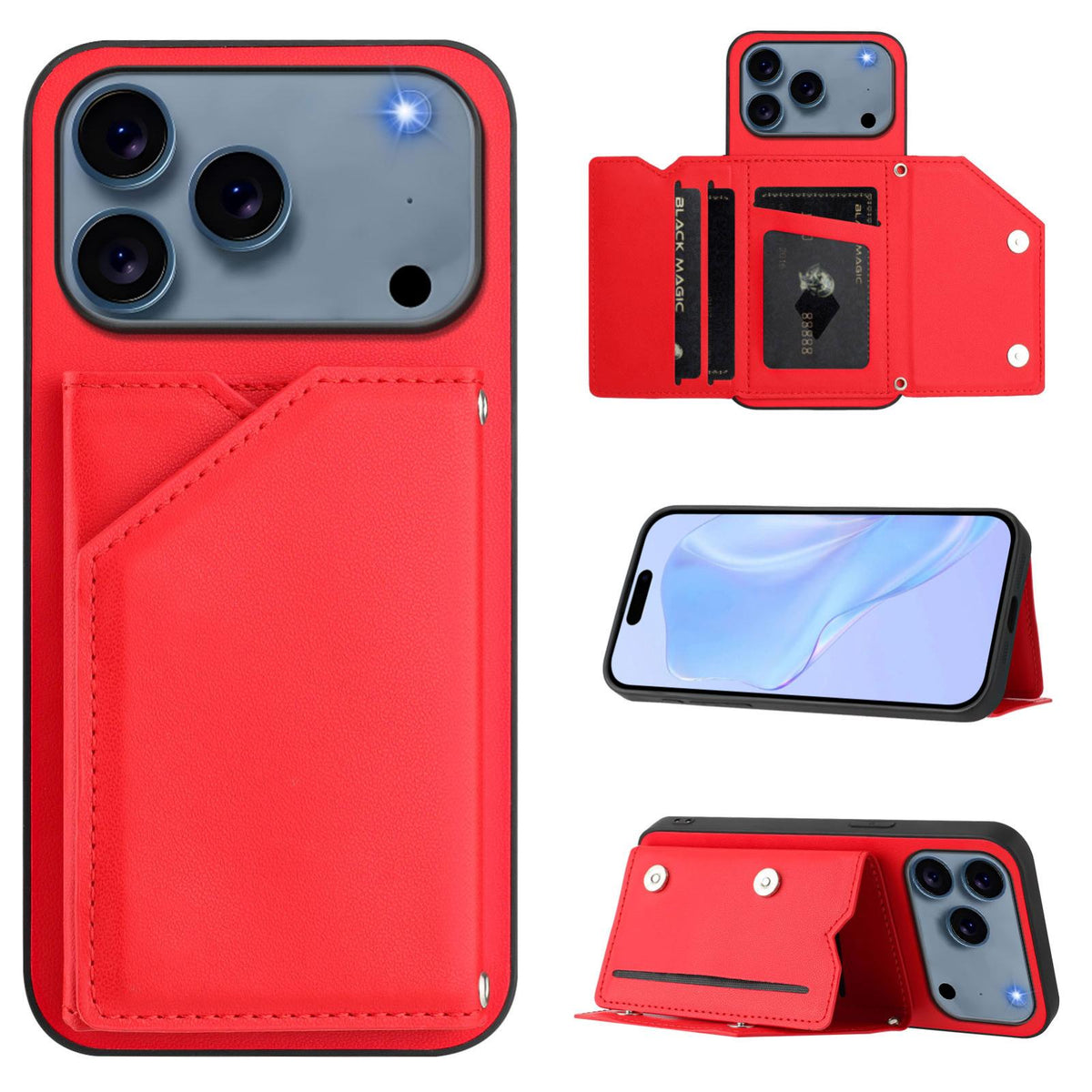 Compatible with iPhone 18 Pro Max & 17 Pro Max Skin Feel Four Card Slots Phone Case with Wrist Strap - Red