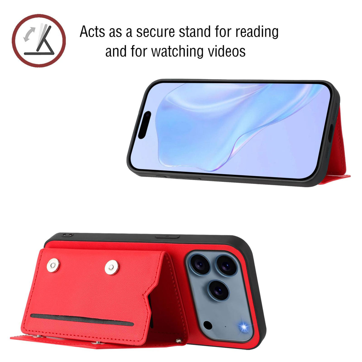 Compatible with iPhone 18 Pro Max & 17 Pro Max Skin Feel Four Card Slots Phone Case with Wrist Strap - Red