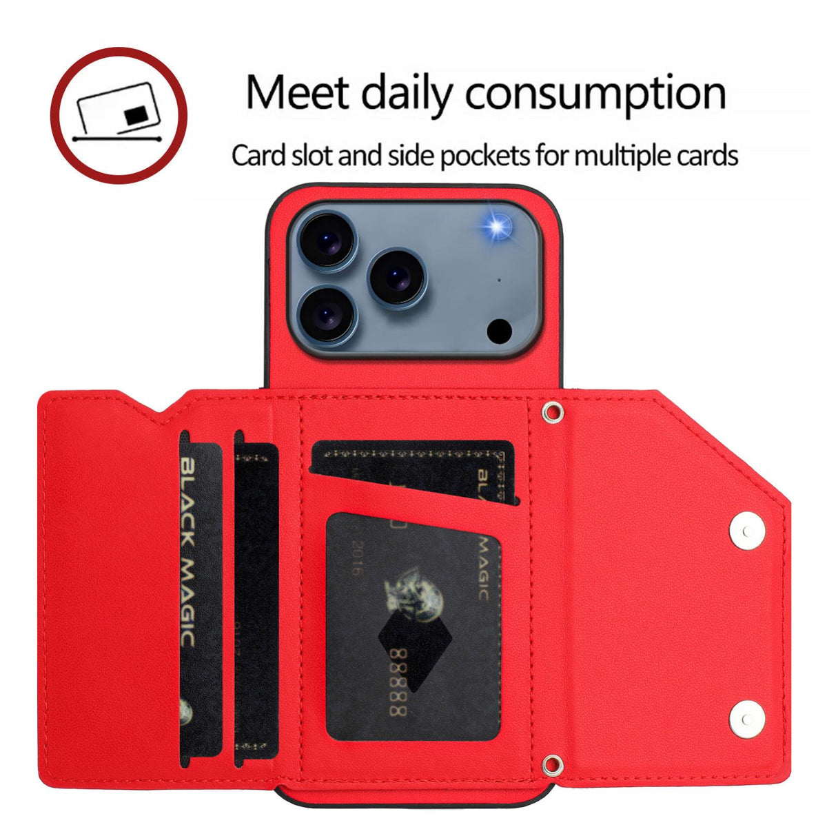 Compatible with iPhone 18 Pro Max & 17 Pro Max Skin Feel Four Card Slots Phone Case with Wrist Strap - Red