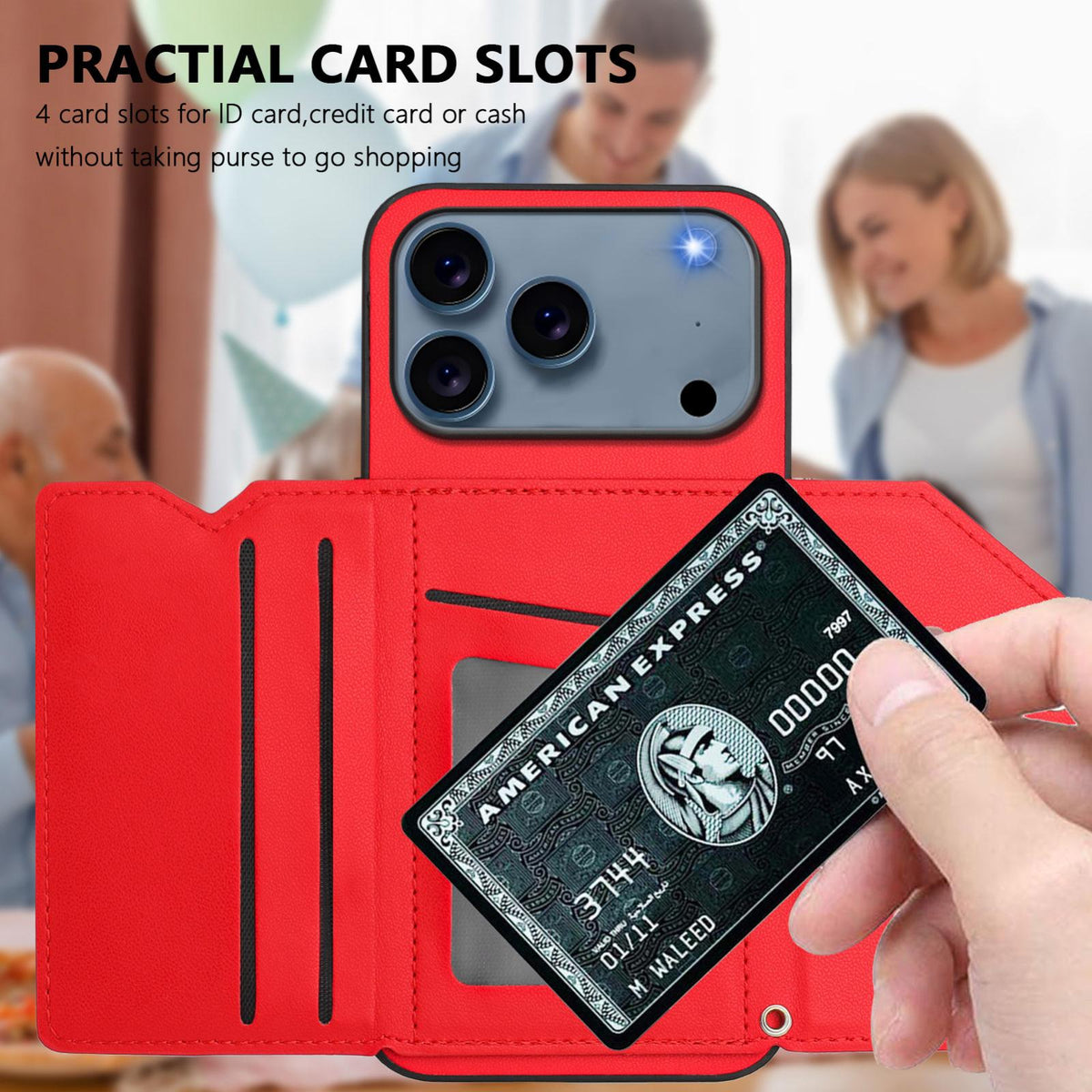 Compatible with iPhone 18 Pro Max & 17 Pro Max Skin Feel Four Card Slots Phone Case with Wrist Strap - Red