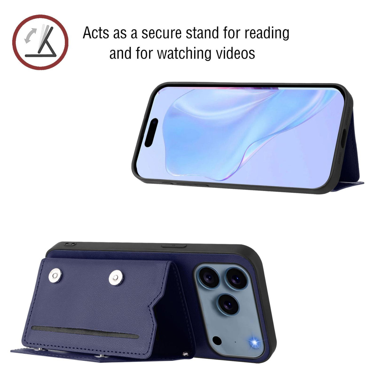 Compatible with iPhone 18 Pro Max & 17 Pro Max Skin Feel Four Card Slots Phone Case with Wrist Strap - Blue