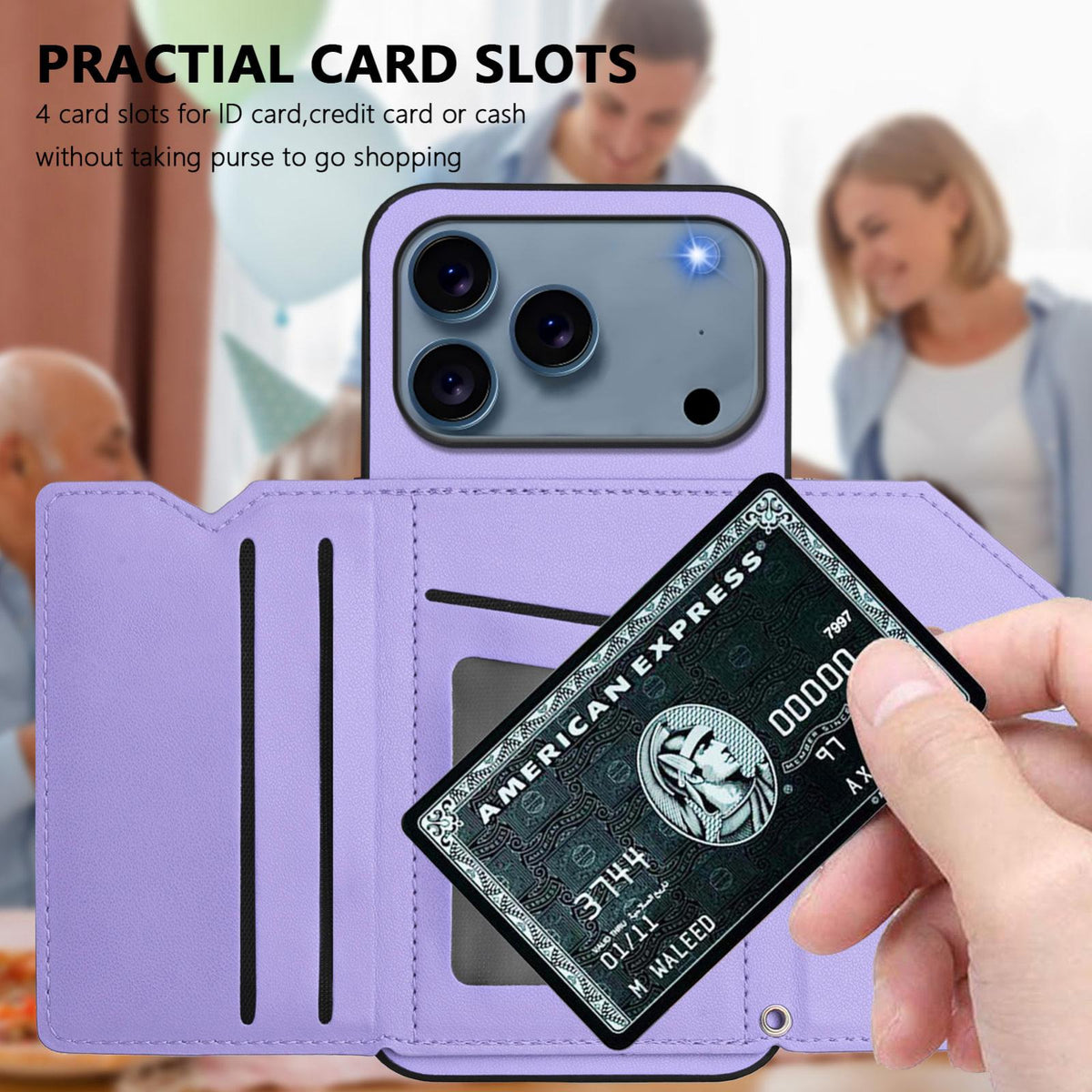 Compatible with iPhone 18 Pro Max & 17 Pro Max Skin Feel Four Card Slots Phone Case with Wrist Strap - Purple