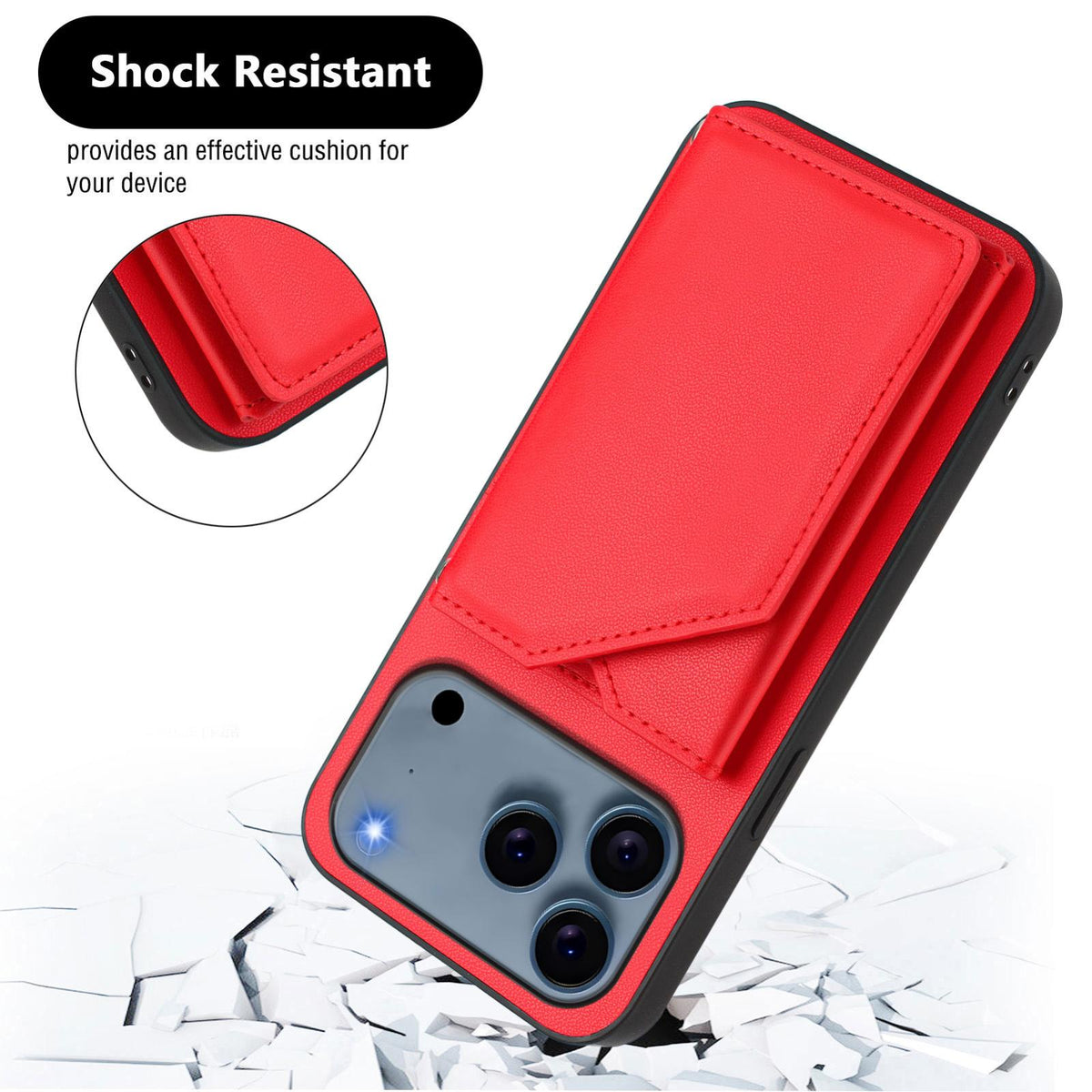Compatible with iPhone 18 Pro & 17 Pro Skin Feel Four Card Slots Phone Case with Wrist Strap - Red