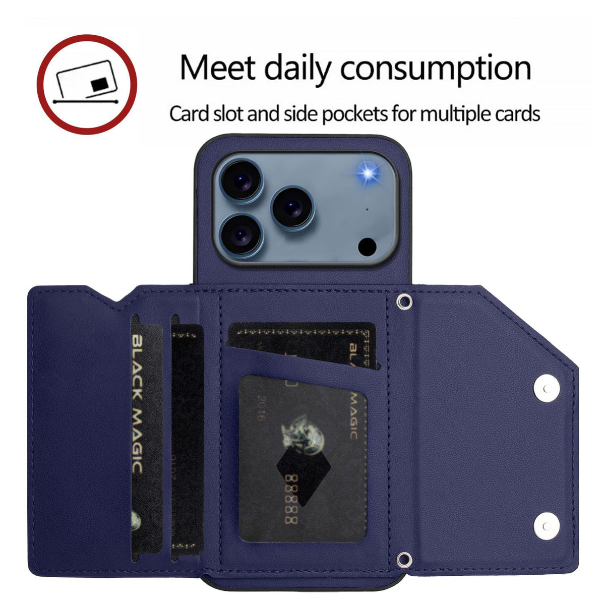 Compatible with iPhone 18 Pro & 17 Pro Skin Feel Four Card Slots Phone Case with Wrist Strap - Blue