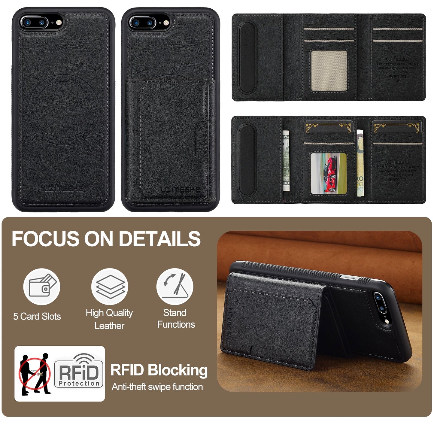 For iPhone 16e LC.IMEEKE L5 Series Detachable RFID Card Bag Magsafe Phone Case(Black)
