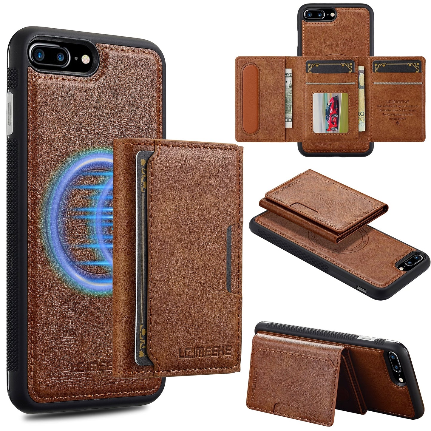 For iPhone 16e LC.IMEEKE L5 Series Detachable RFID Card Bag Magsafe Phone Case(Brown)