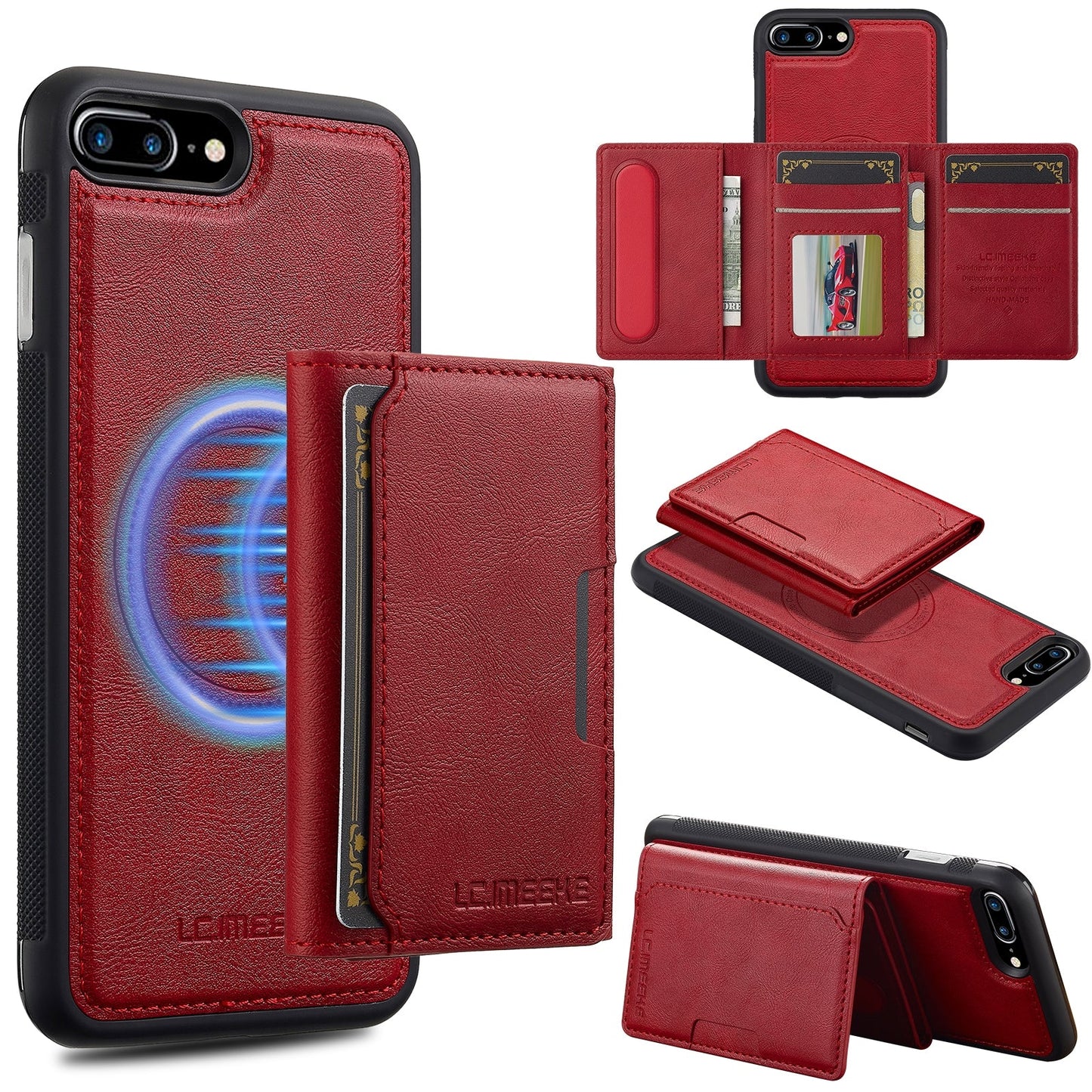 For iPhone 16e LC.IMEEKE L5 Series Detachable RFID Card Bag Magsafe Phone Case(Red)