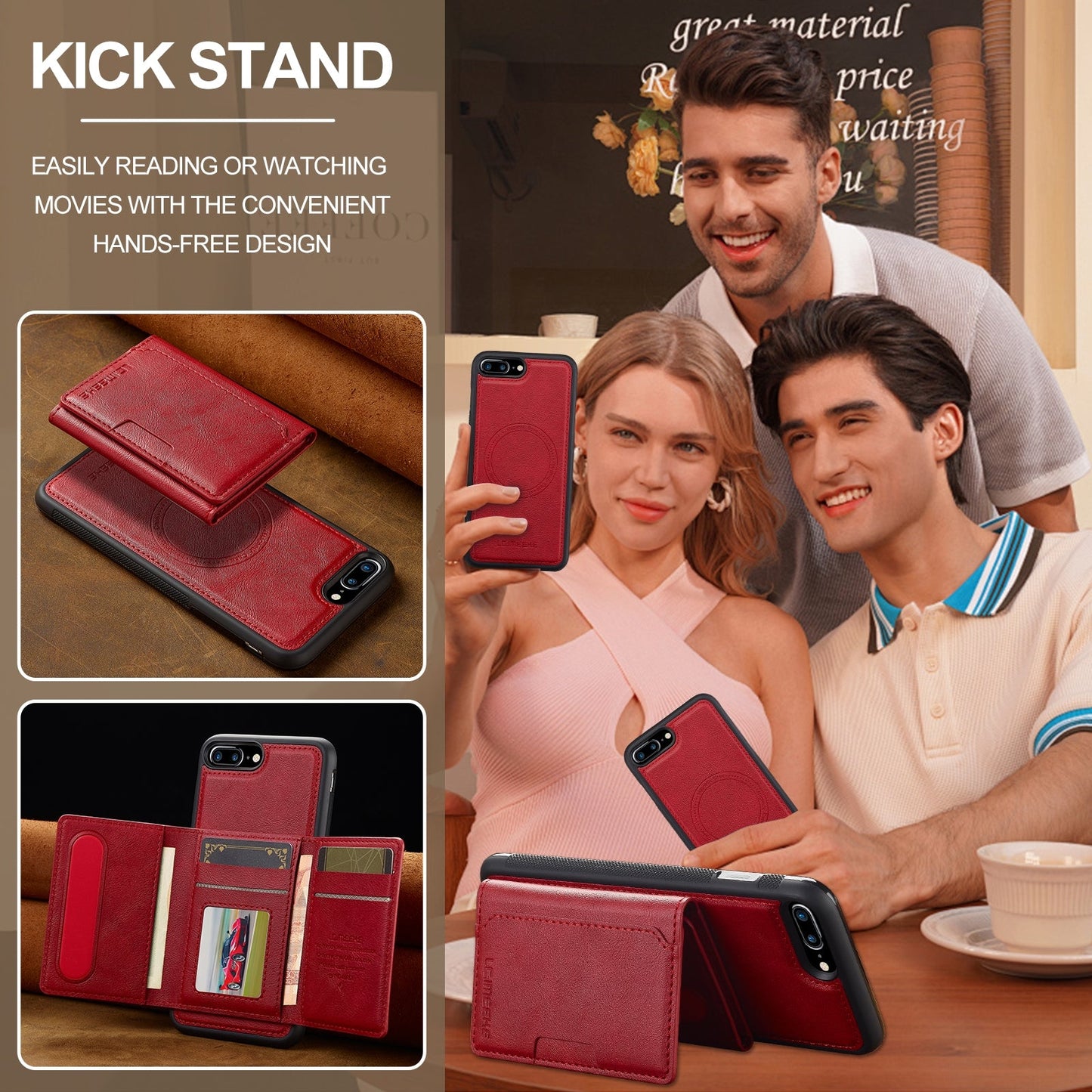 For iPhone 16e LC.IMEEKE L5 Series Detachable RFID Card Bag Magsafe Phone Case(Red)