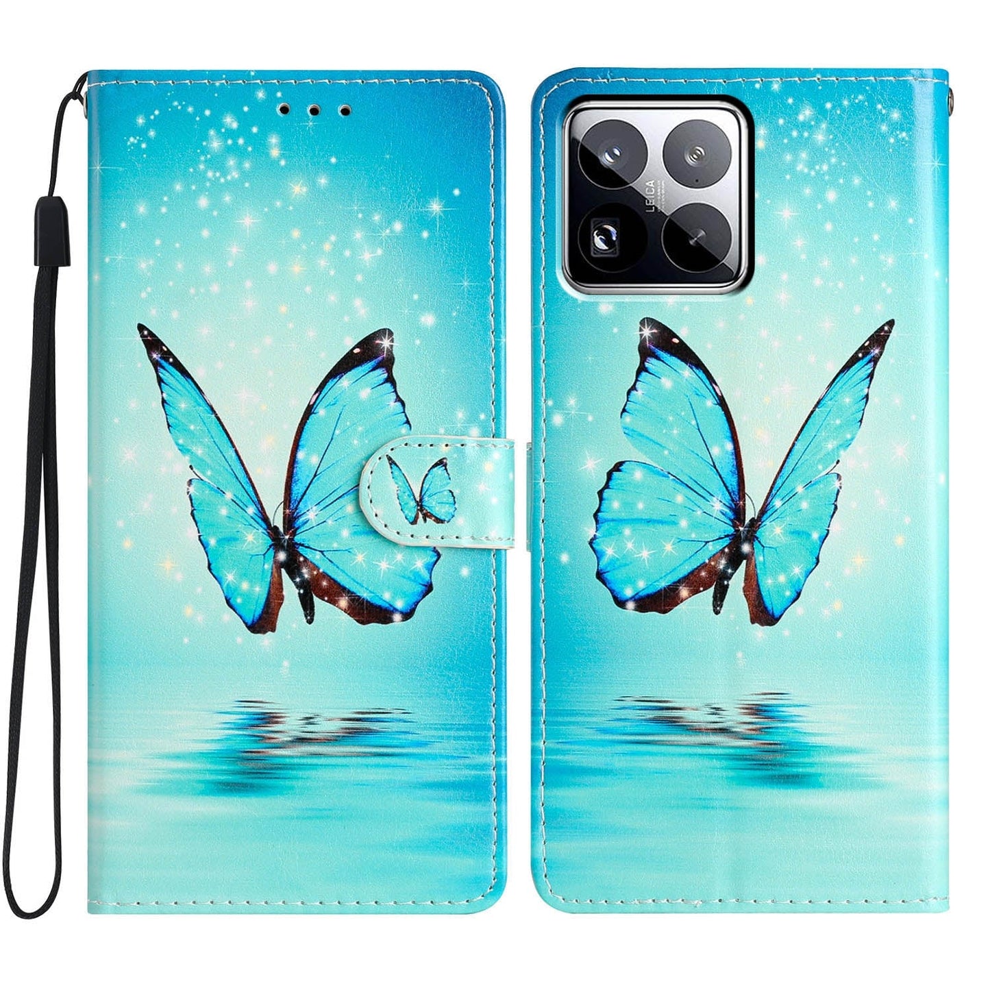 For Xiaomi 15 Pro Colored Drawing Leather Phone Case(Blue Butterfly)